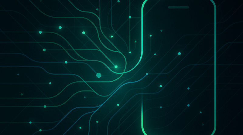 Illustration abstraite d'un smartphone avec des lignes de réseau vertes symbolisant la connectivité numérique