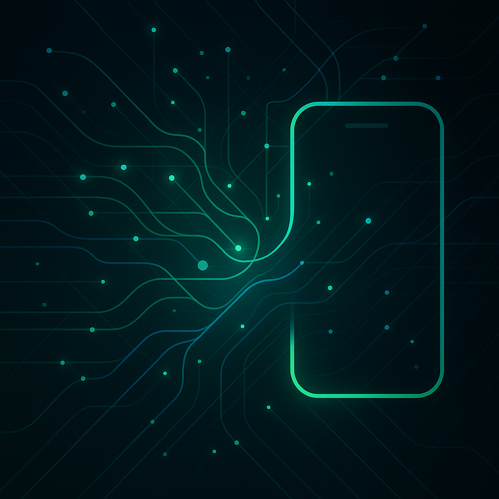 Illustration abstraite d'un smartphone avec des lignes de réseau vertes symbolisant la connectivité numérique