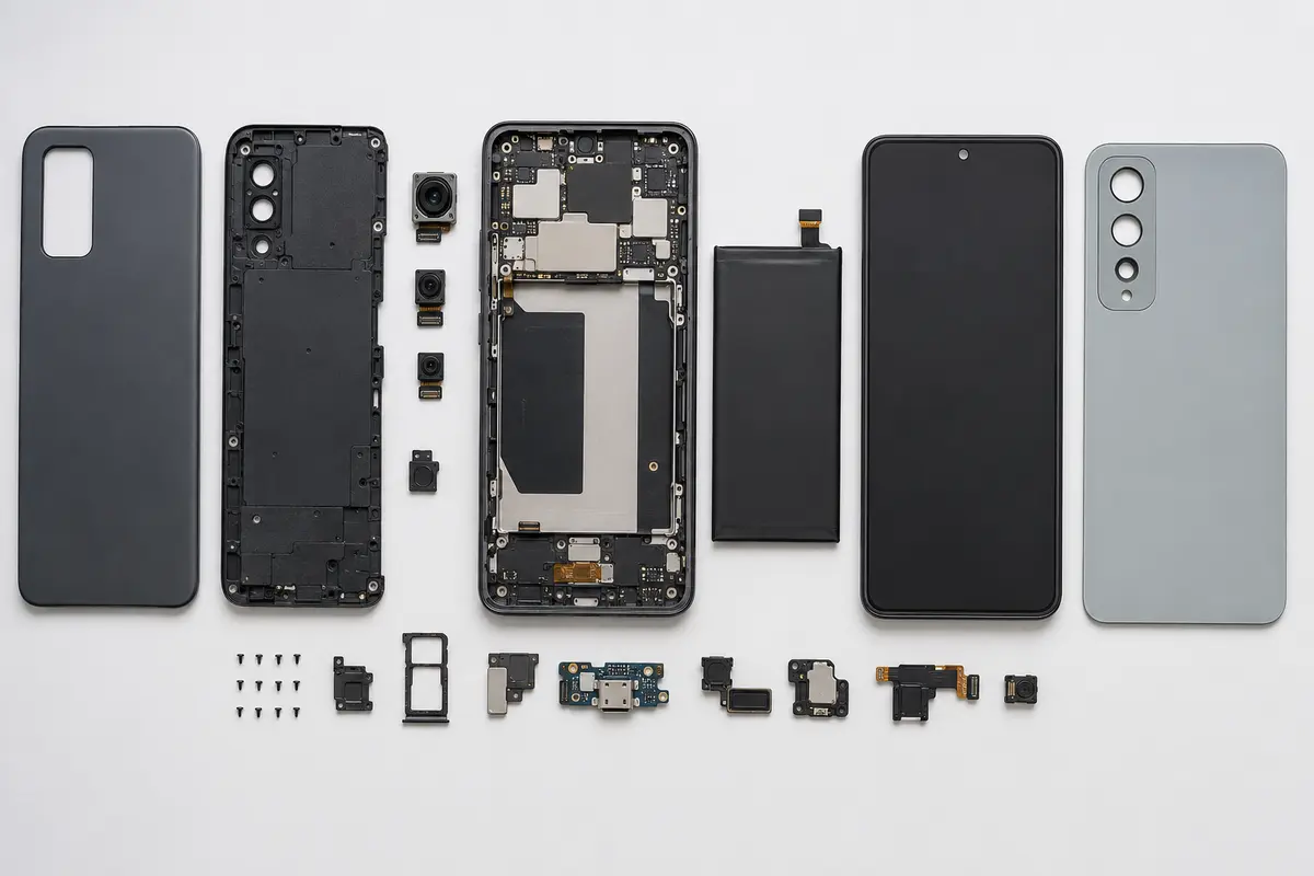 Pièces remplaçables du Fairphone Gen 6+ démonté
